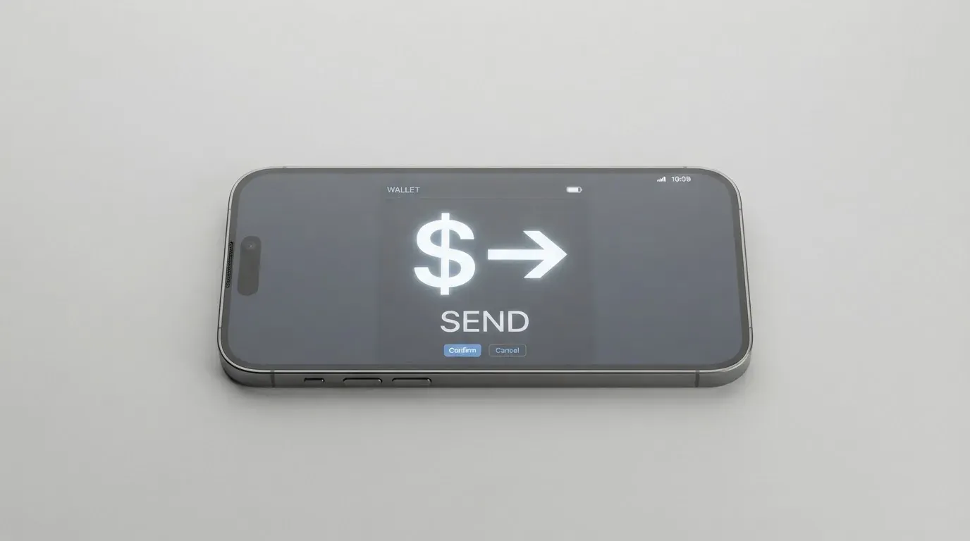 A phone showing a stablecoin transfer screen