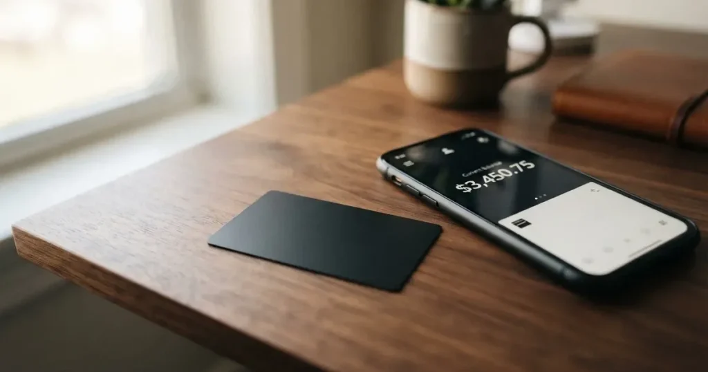 A payment card next to a phone with a crypto wallet app open