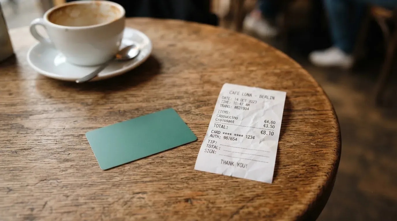 A receipt and a card on a café table