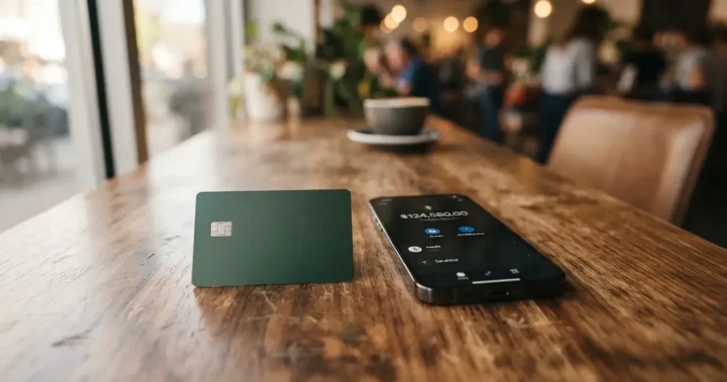 A payment card next to a phone with a crypto wallet app open