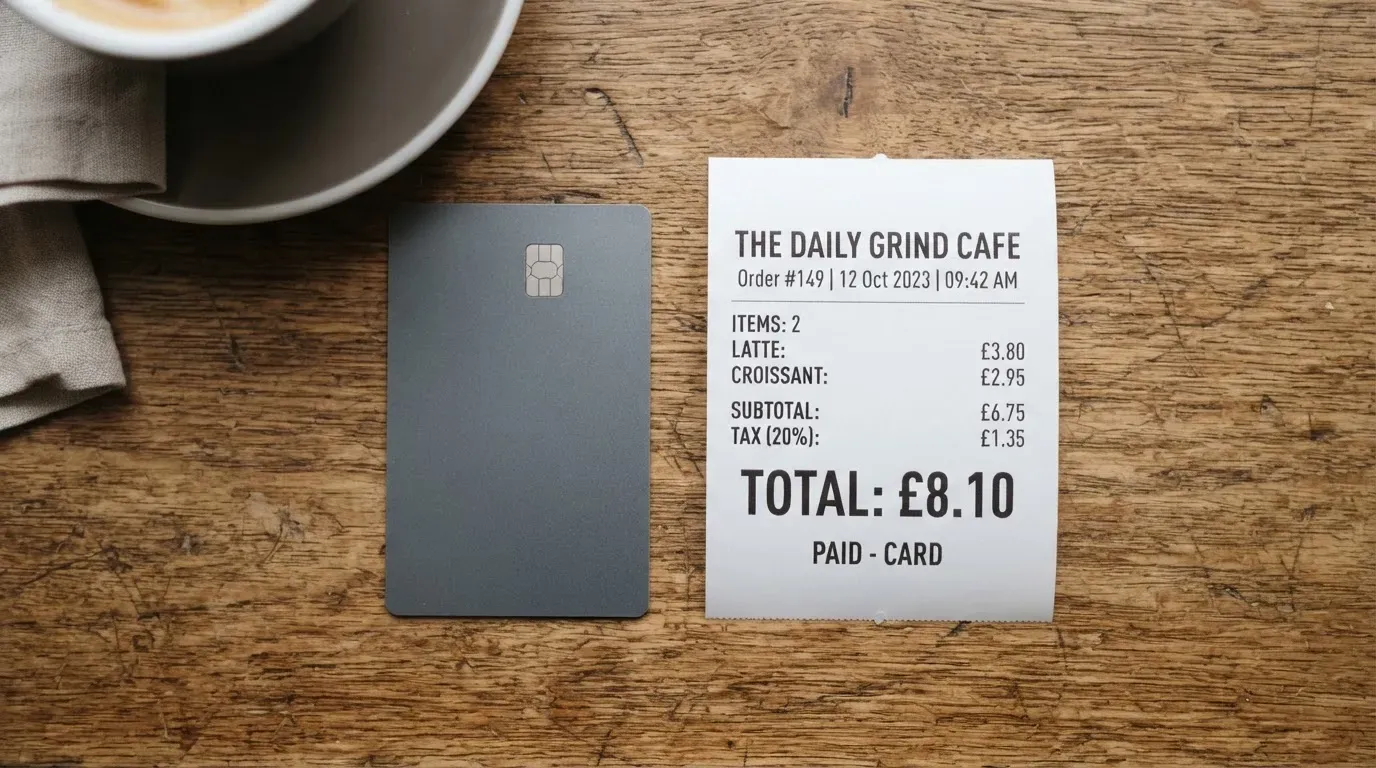 A receipt and a card on a café table