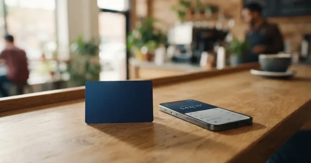 A payment card next to a phone with a crypto wallet app open