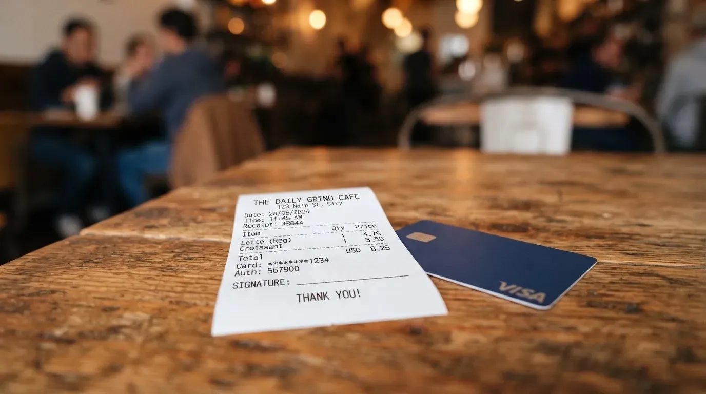 A receipt and a card on a café table
