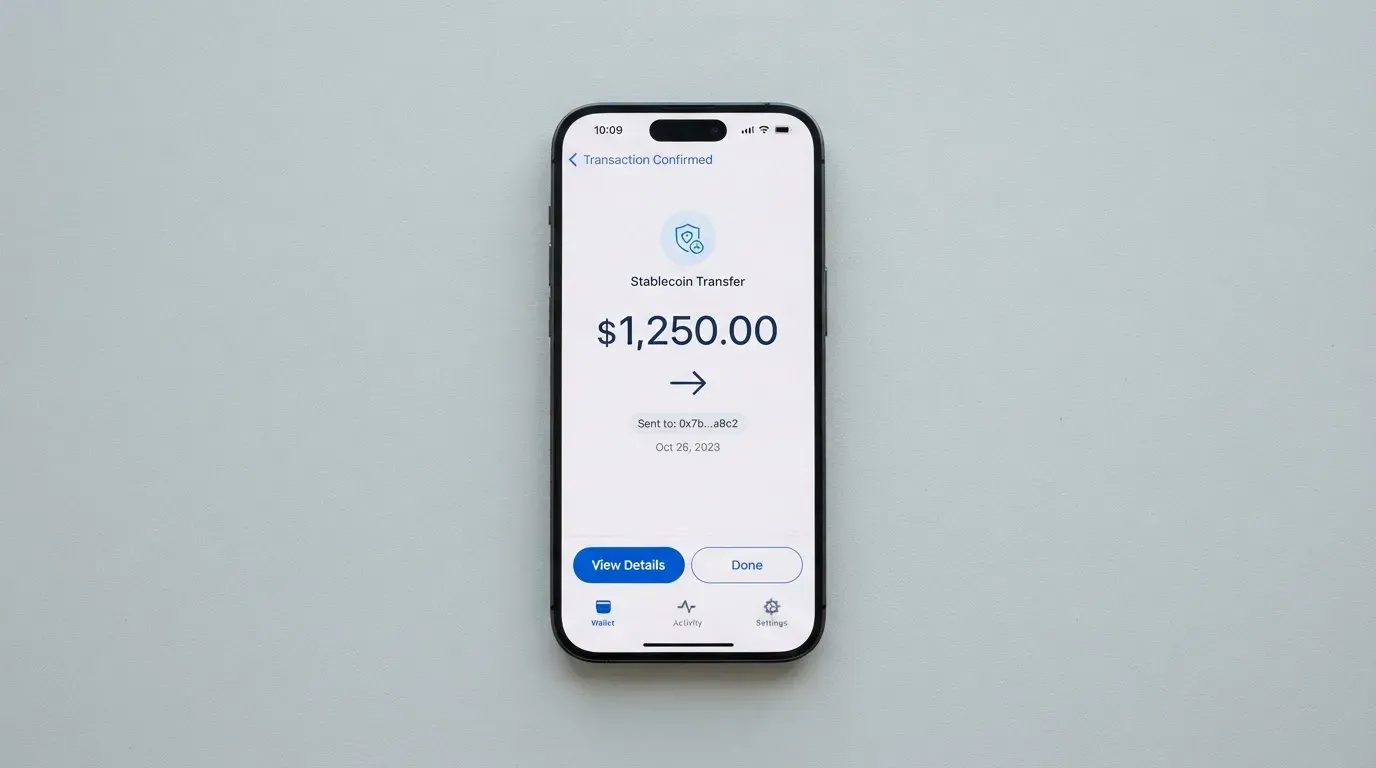A phone showing a stablecoin transfer screen