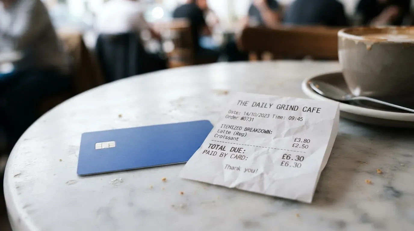 A receipt and a card on a café table