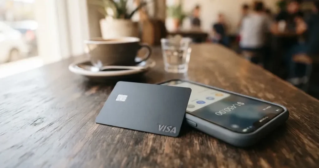 A payment card next to a phone with a crypto wallet app open