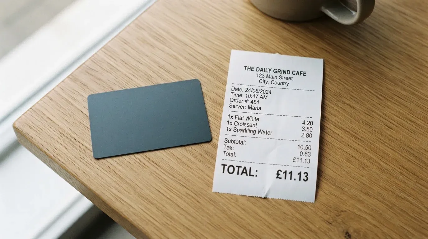 A receipt and a card on a café table