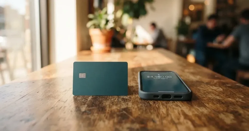 A payment card next to a phone with a crypto wallet app open