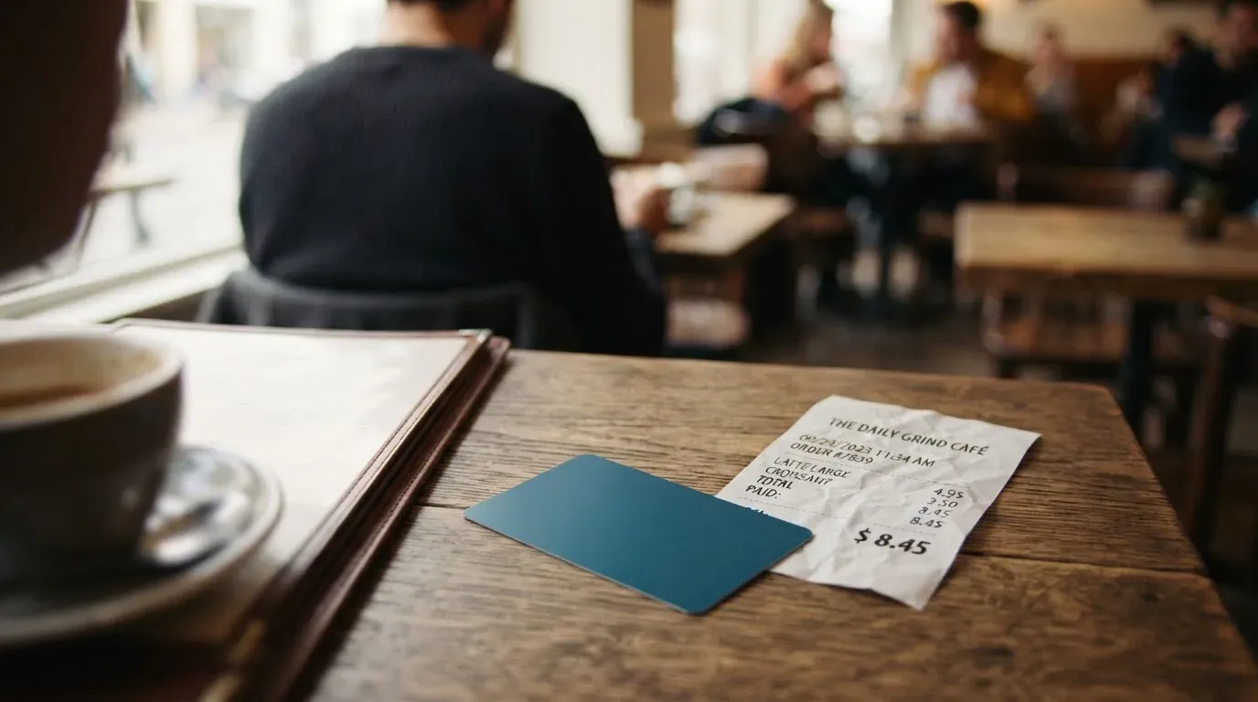 A receipt and a card on a café table