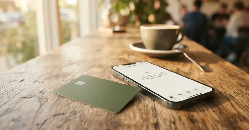 A payment card next to a phone with a crypto wallet app open