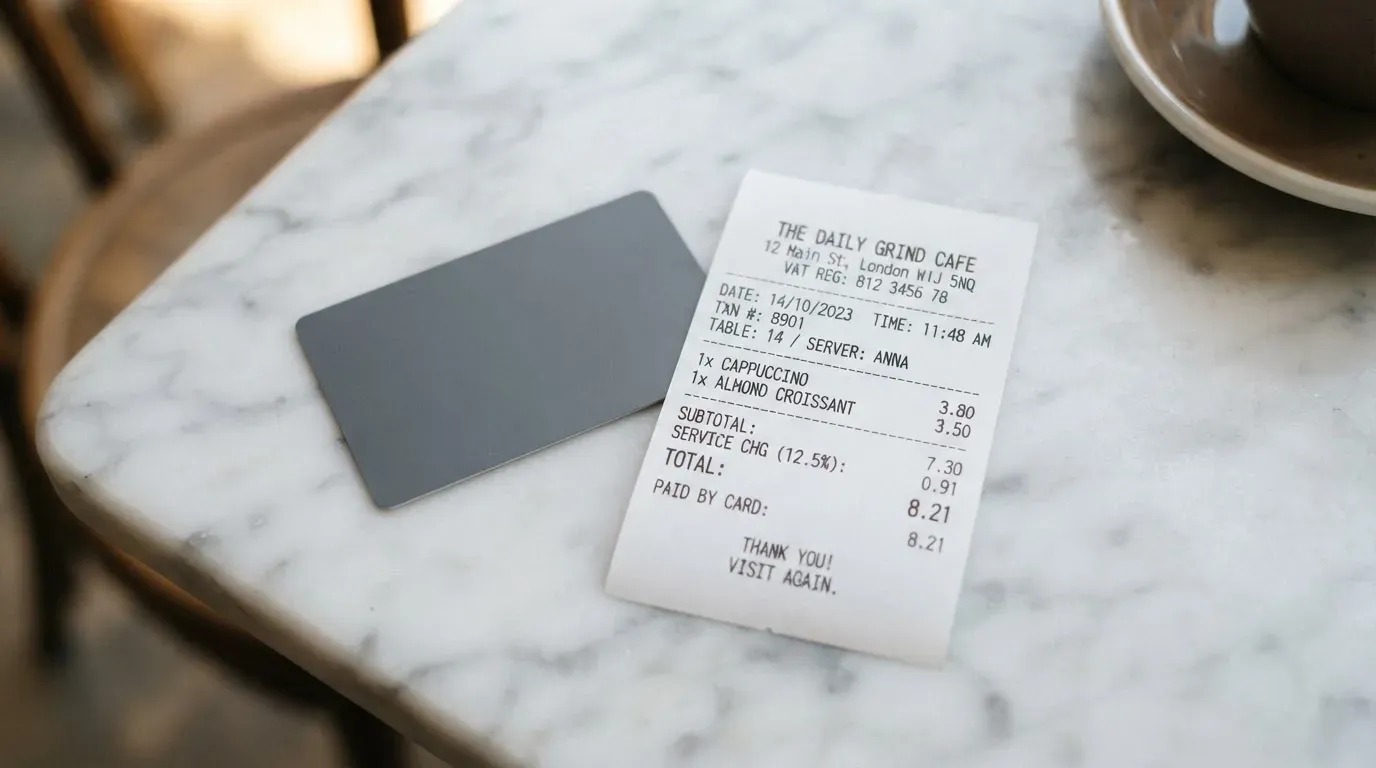 A receipt and a card on a café table