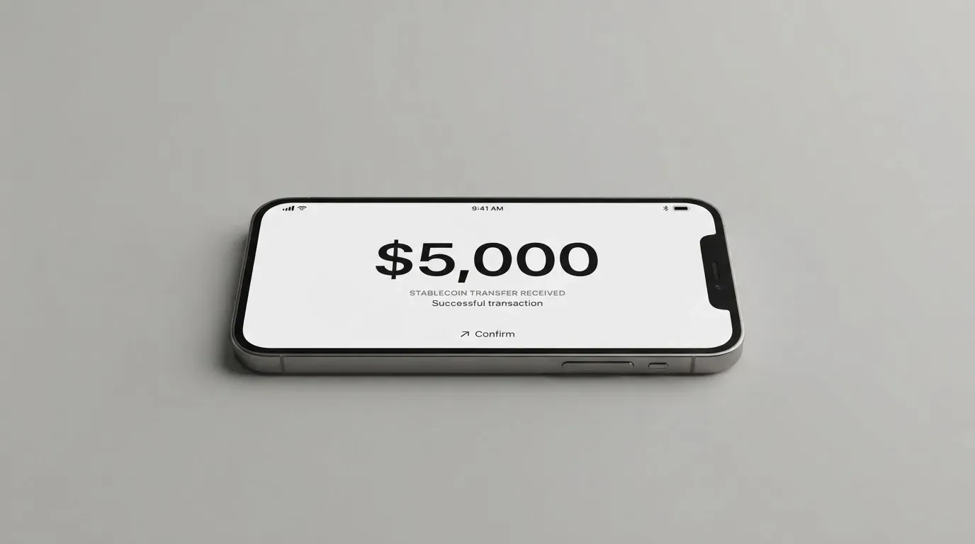 A phone showing a stablecoin transfer screen