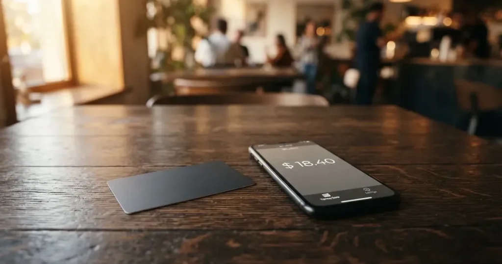 A payment card next to a phone with a crypto wallet app open