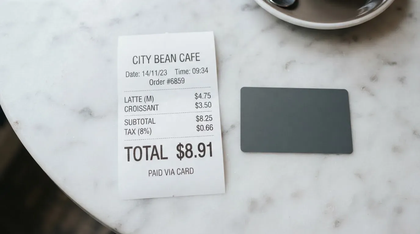 A receipt and a card on a café table