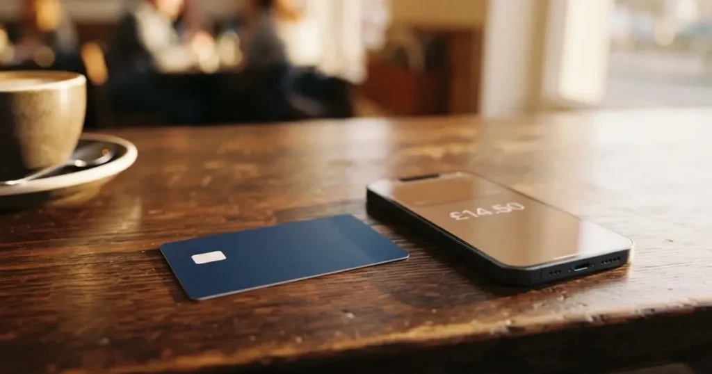 A payment card next to a phone with a crypto wallet app open
