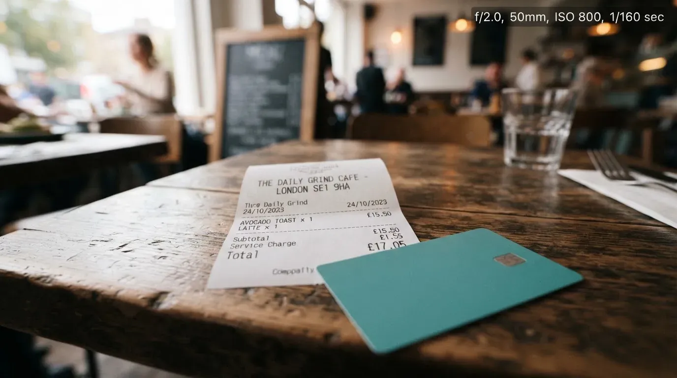 A receipt and a card on a café table