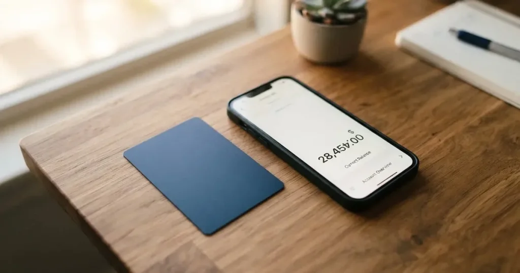 A payment card next to a phone with a crypto wallet app open