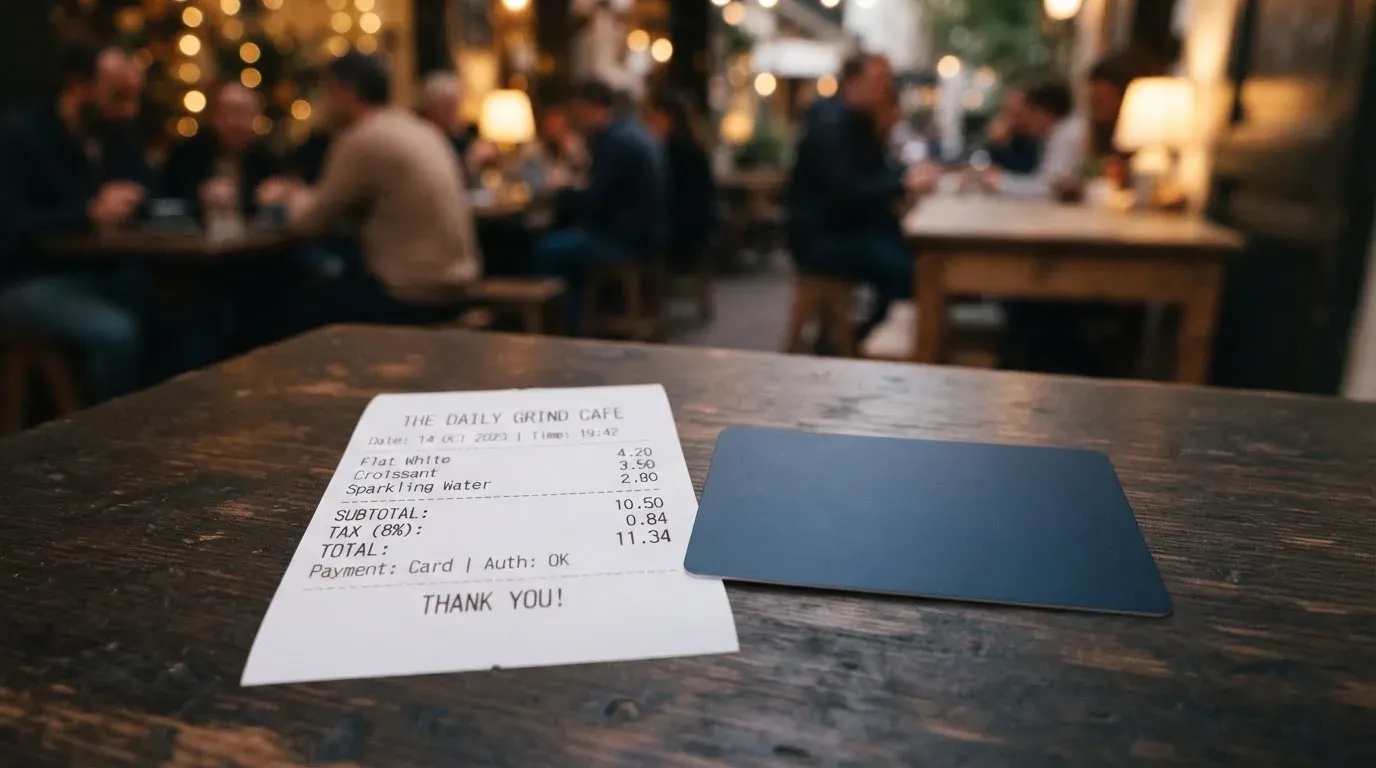 A receipt and a card on a café table