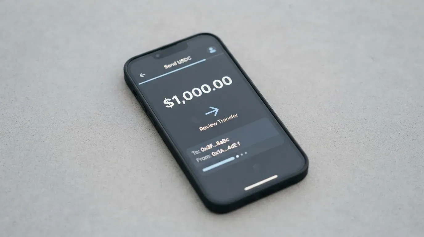 A phone showing a stablecoin transfer screen