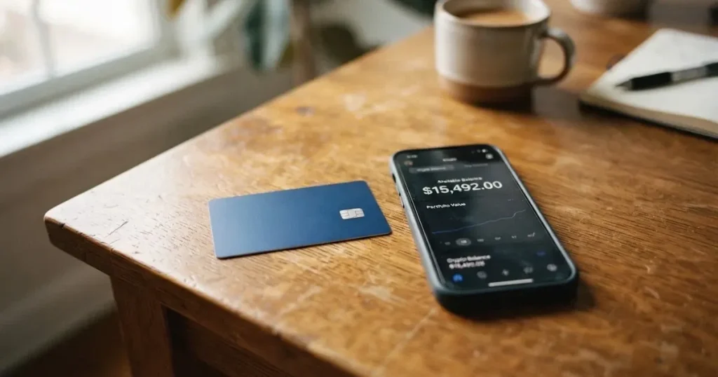 A payment card next to a phone with a crypto wallet app open