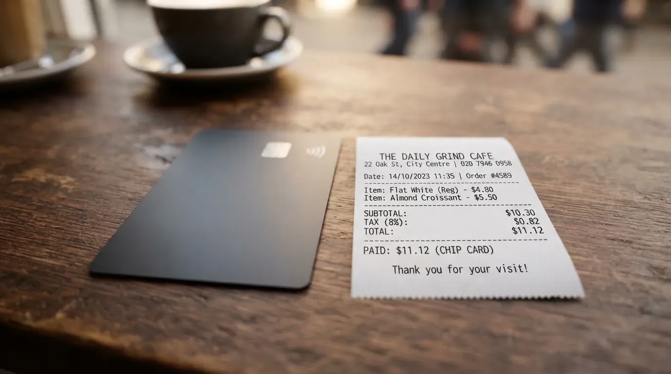 A receipt and a card on a café table