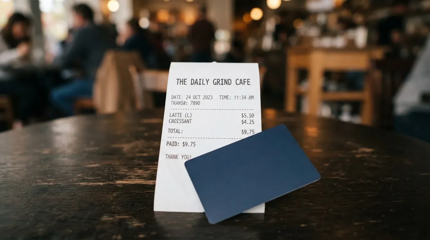 A receipt and a card on a café table