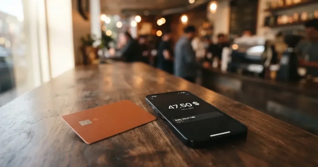 A payment card next to a phone with a crypto wallet app open