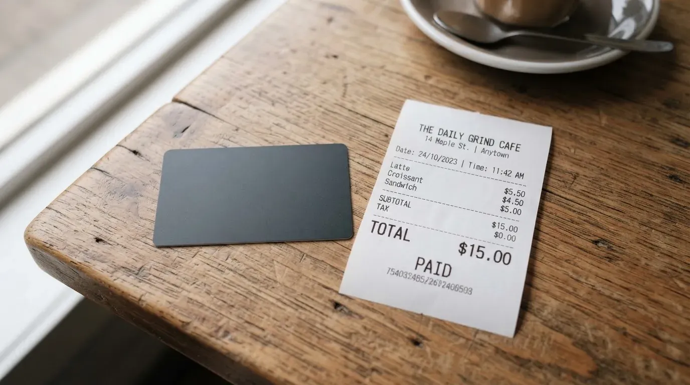 A receipt and a card on a café table
