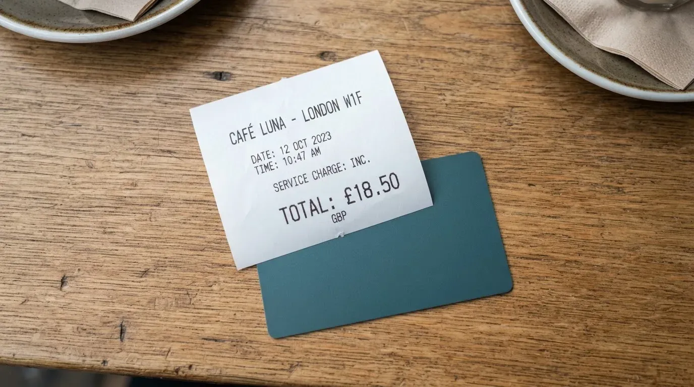 A receipt and a card on a café table