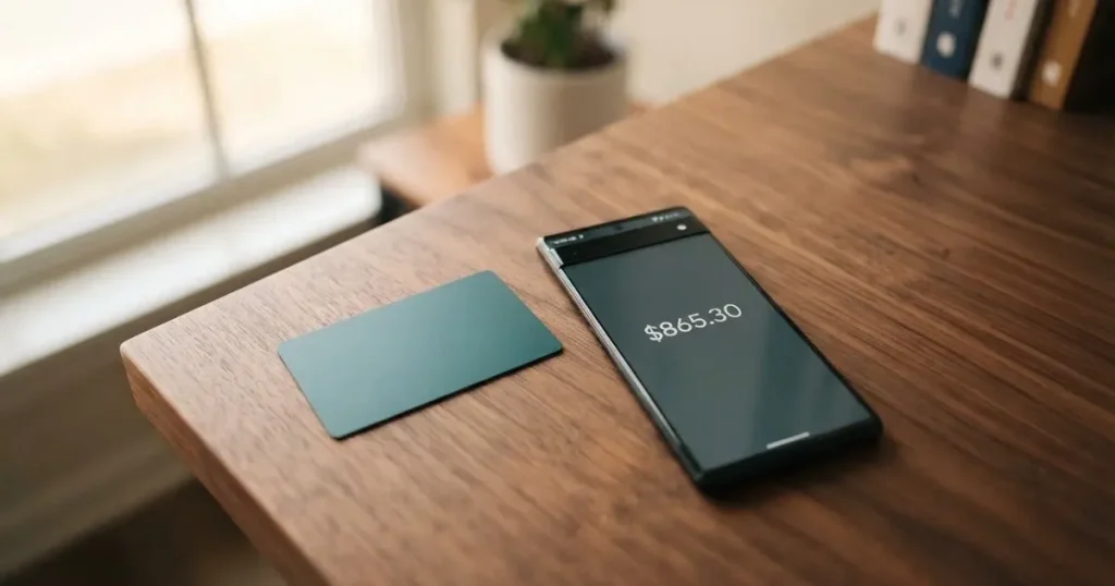 A payment card next to a phone with a crypto wallet app open