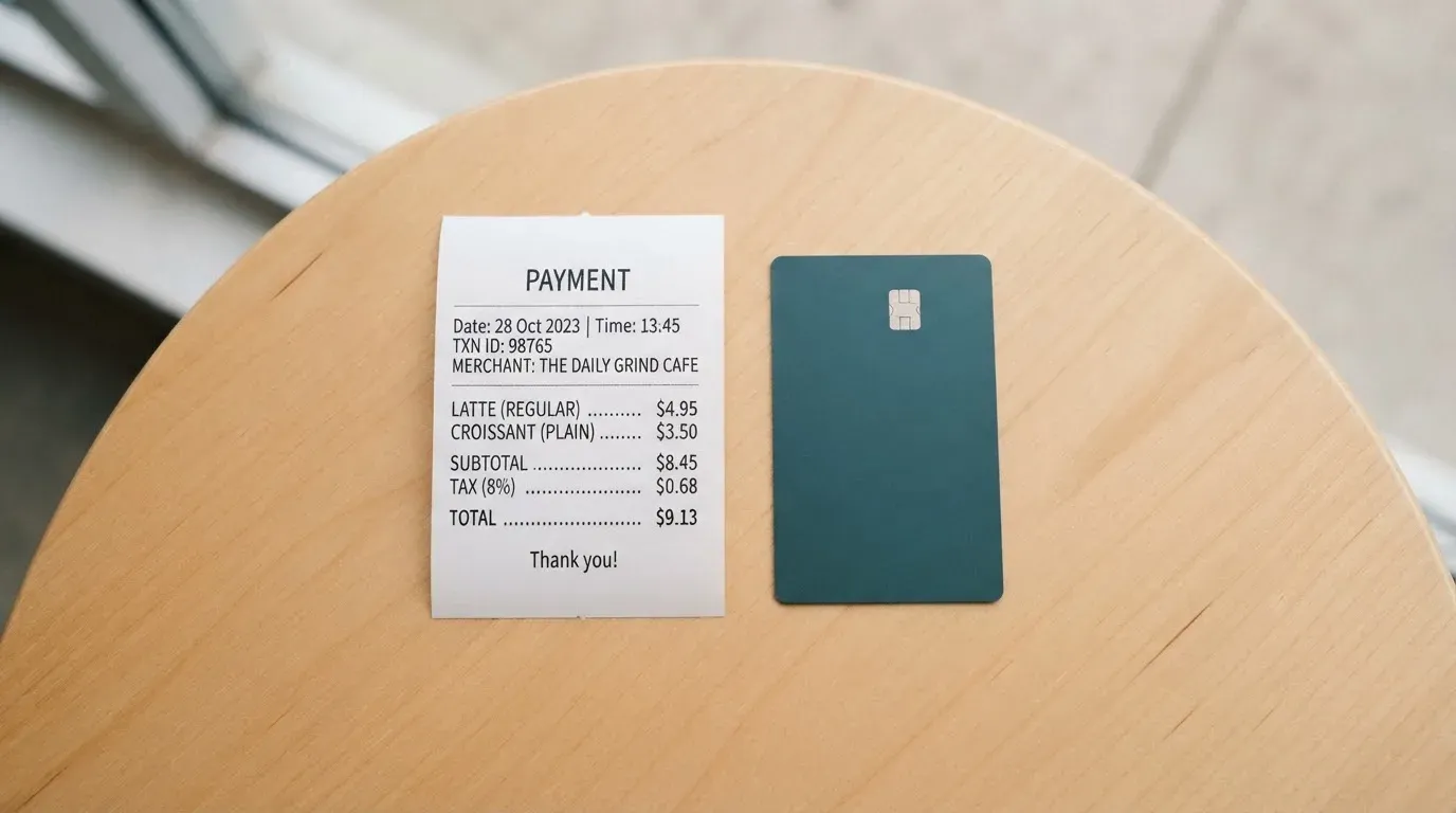 A receipt and a card on a café table