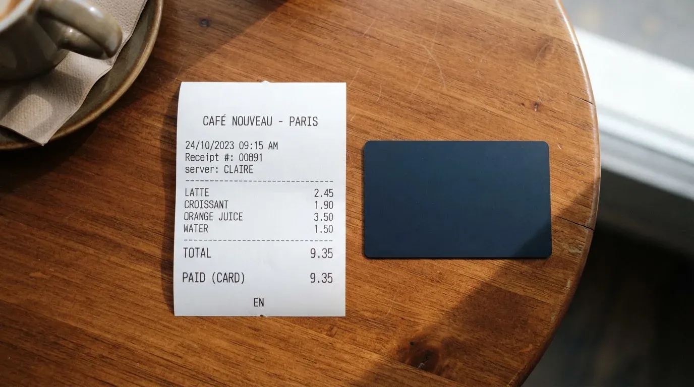 A receipt and a card on a café table