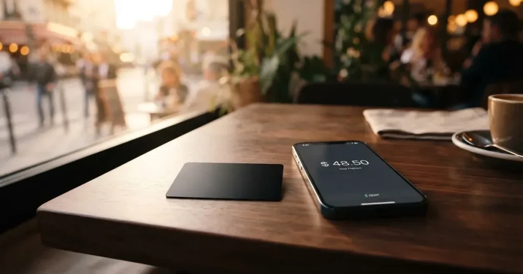 A payment card next to a phone with a crypto wallet app open