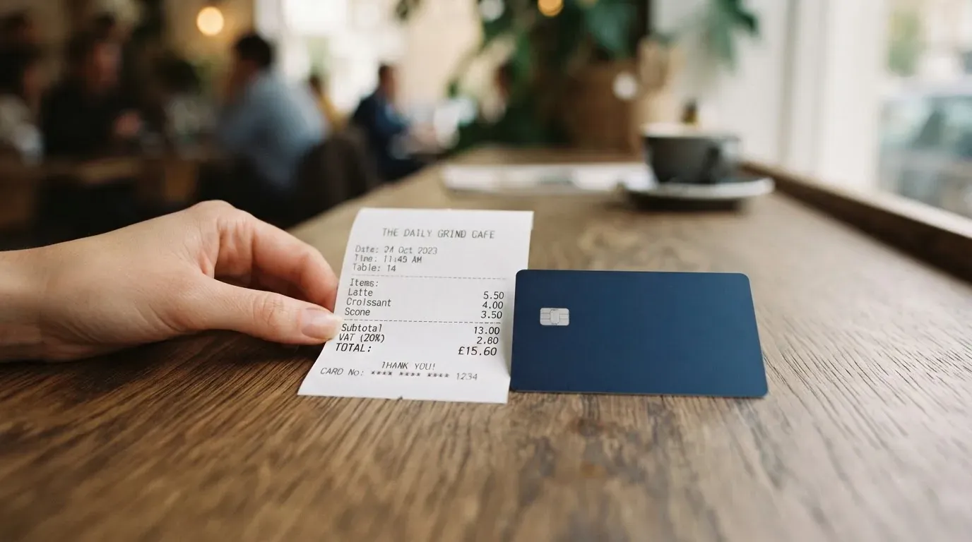A receipt and a card on a café table
