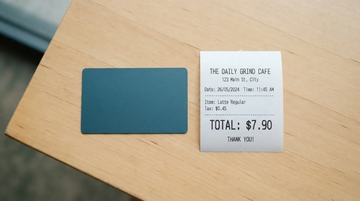 A receipt and a card on a café table