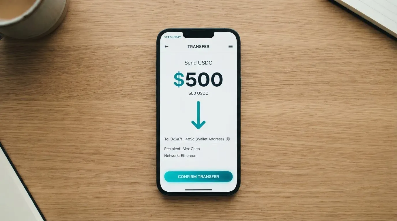A phone showing a stablecoin transfer screen