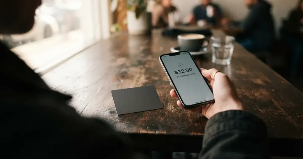 A payment card next to a phone with a crypto wallet app open