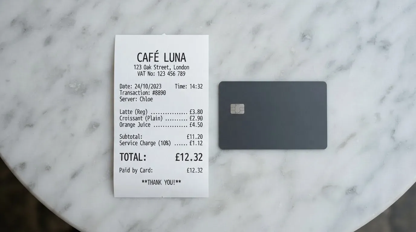 A receipt and a card on a café table
