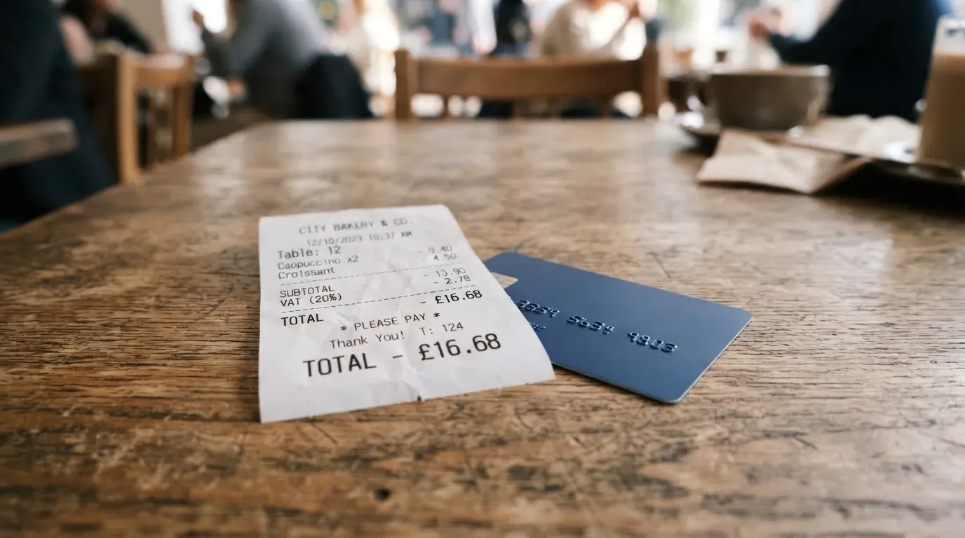 A receipt and a card on a café table