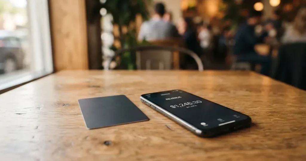 A payment card next to a phone with a crypto wallet app open