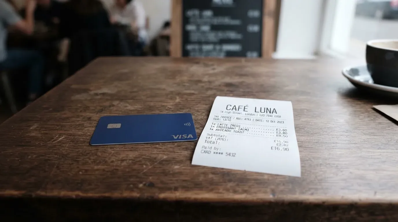 A receipt and a card on a café table