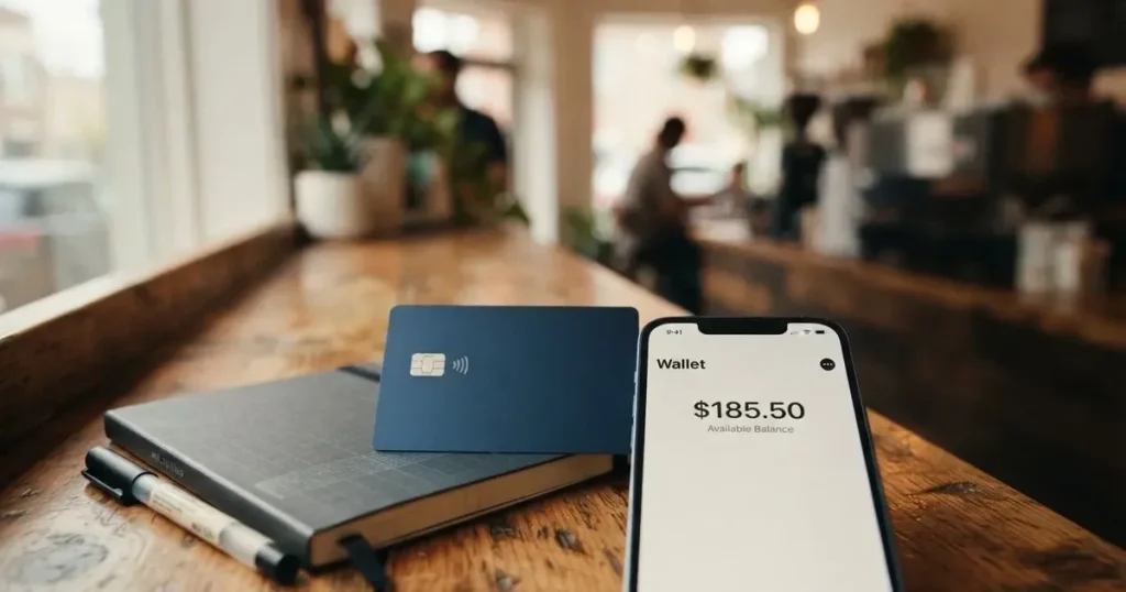A payment card next to a phone with a crypto wallet app open