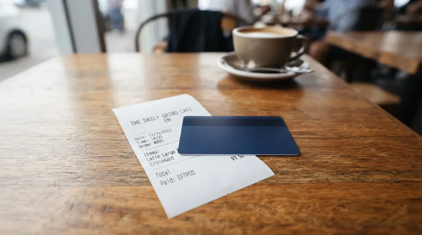 A receipt and a card on a café table
