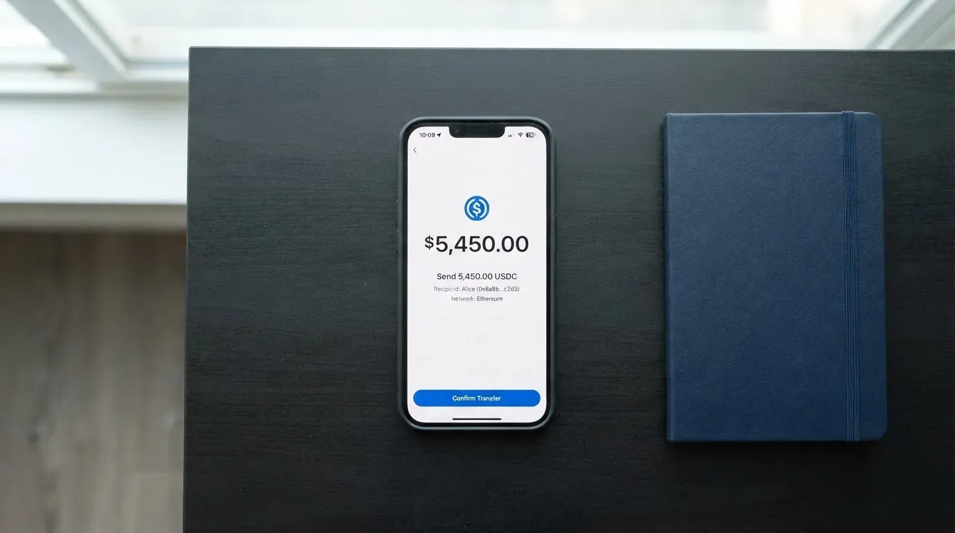 A phone showing a stablecoin transfer screen