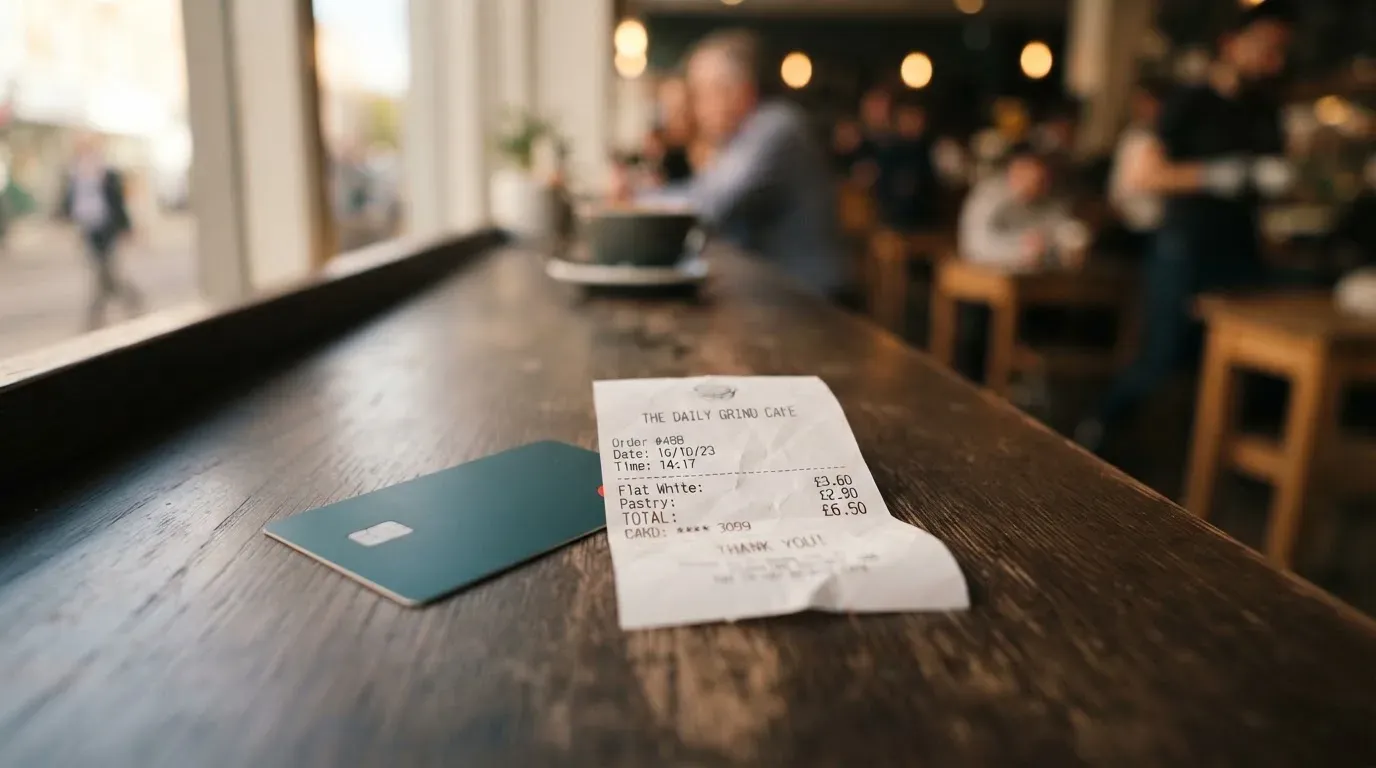 A receipt and a card on a café table
