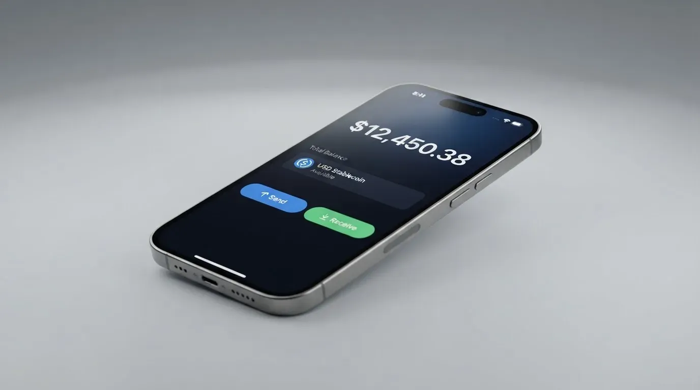 A phone showing a stablecoin transfer screen