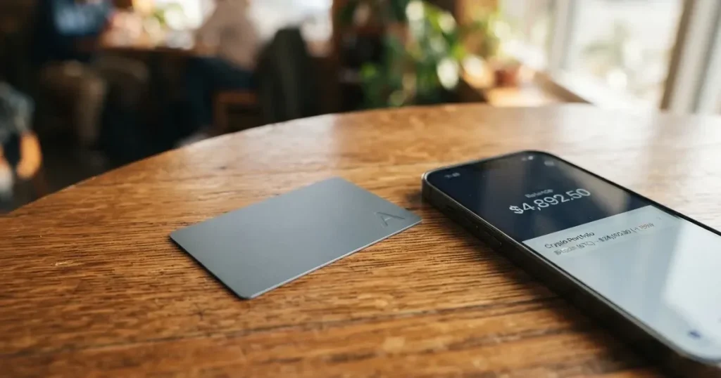 A payment card next to a phone with a crypto wallet app open