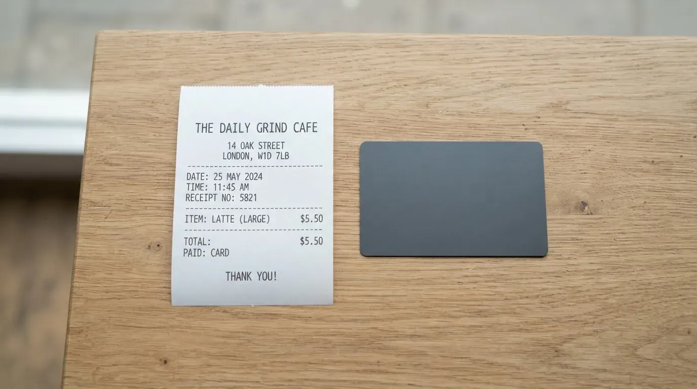 A receipt and a card on a café table