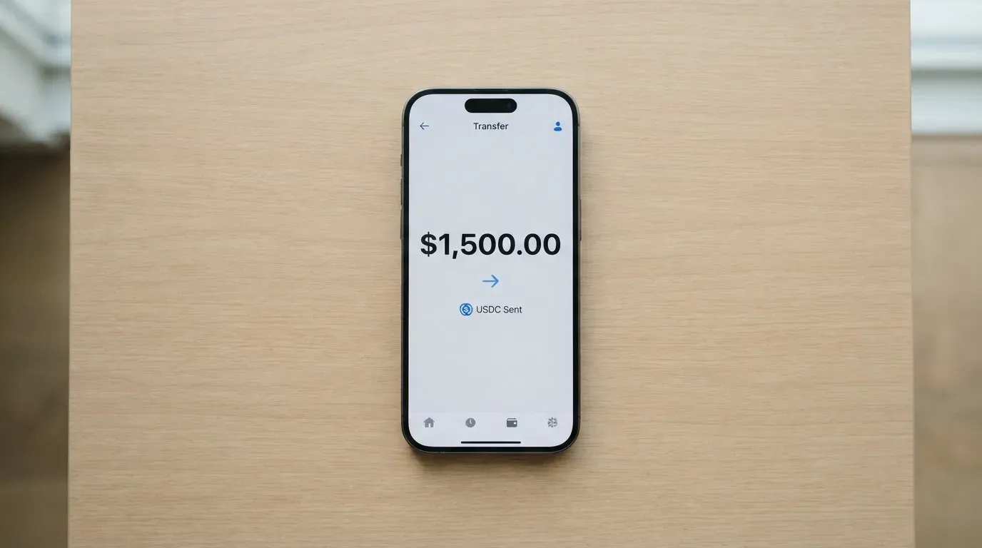A phone showing a stablecoin transfer screen