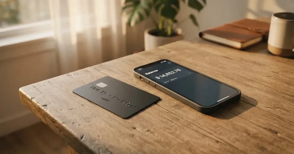 A payment card next to a phone with a crypto wallet app open